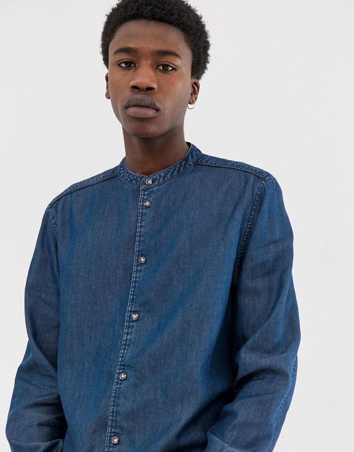 Weekday Hunt Denim Shirt With Granddad Collar In Light Blue