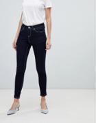 Asos Lisbon Skinny Mid Rise Jeans In Raw Indigo With Contrast Threads-blue