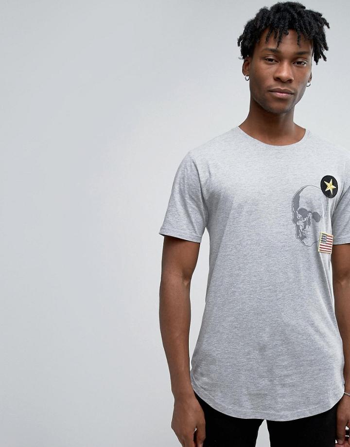 Only & Sons Longline T-shirt With Badge Detailing And Curved Hem - Gra
