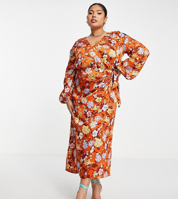 Asos Design Curve Satin Wrap Maxi Dress In 70s Floral Print-multi