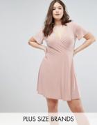 Club L Plus Slinky Rib Wrap Skater Dress With Short Sleeve With Ruffle Edge - Pink