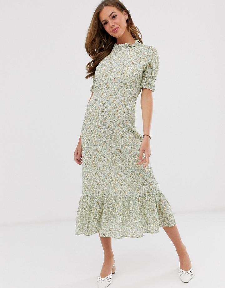 Ghost Solene Floral Frill Detail Midi Dress-multi