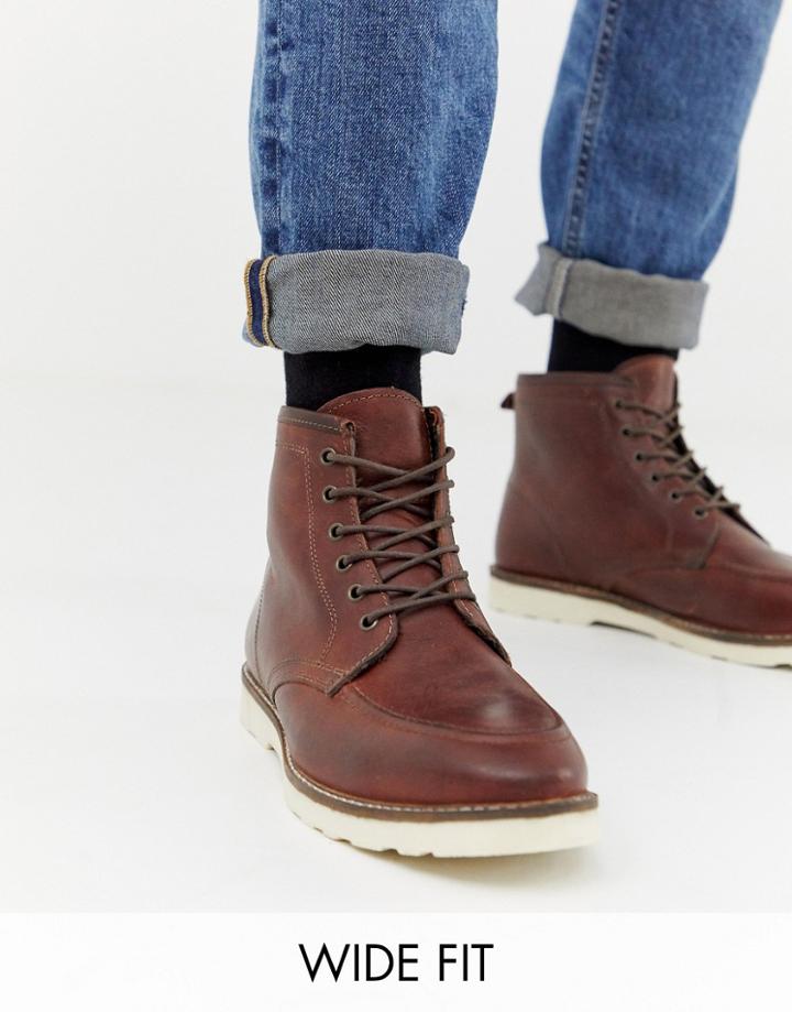 Asos Design Wide Fit Lace Up Boots In Brown Leather With White Sole