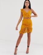 Love Triangle Asymmetric Mini Skirt In Crochet Lace In Burnt Yellow - Yellow