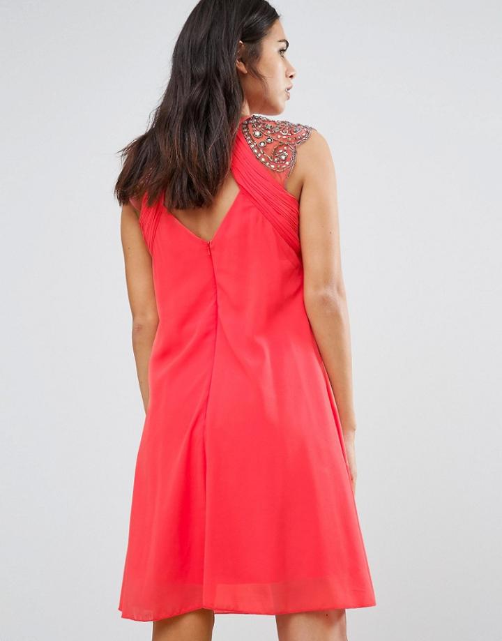 Little Mistress Embellished Open Back Shift Dress - Red