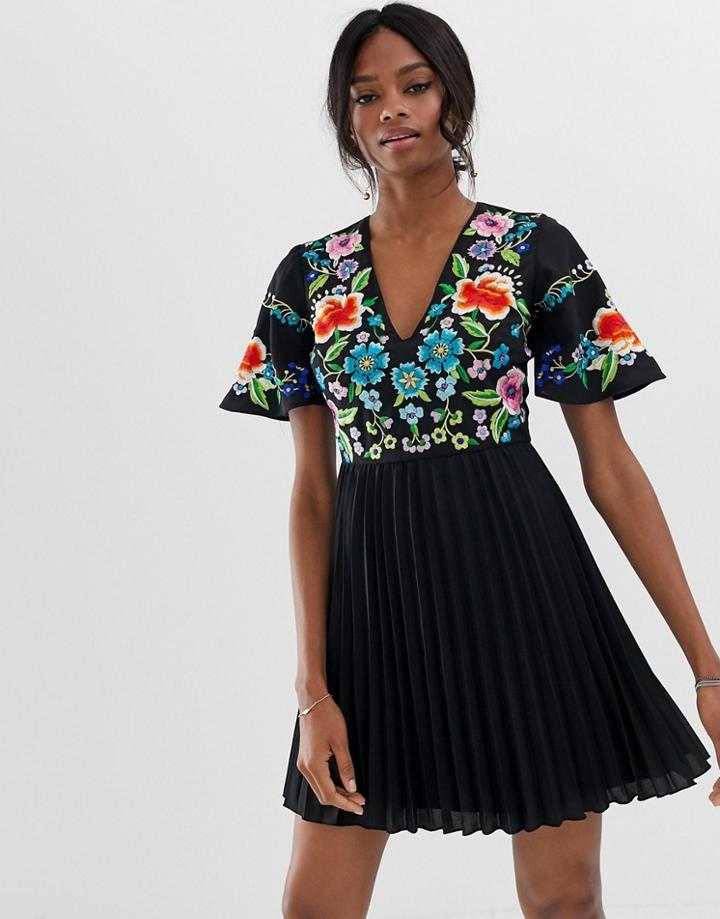 Asos Design Pleated Embroidered Mini Dress - Black