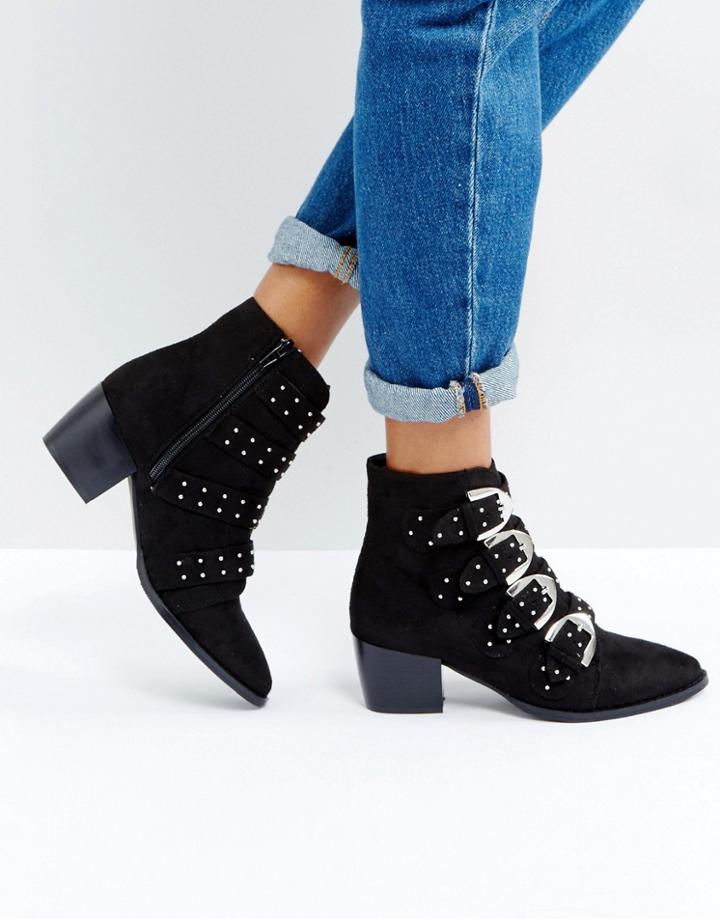 Truffle Collection Stud Buckle Strap Kitten Heel Boot - Black