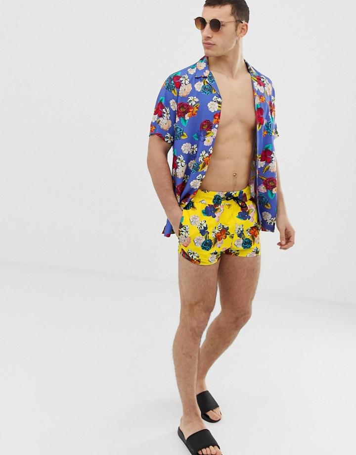 Asos Design Two-piece Swim Shorts In Yellow Floral Print In Super Short Length - Yellow