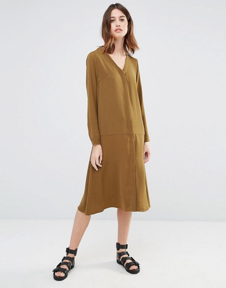 Warehouse Dropped Waist Shirt Dress - Green