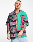 Bershka Spliced Tropical Shirt In Green