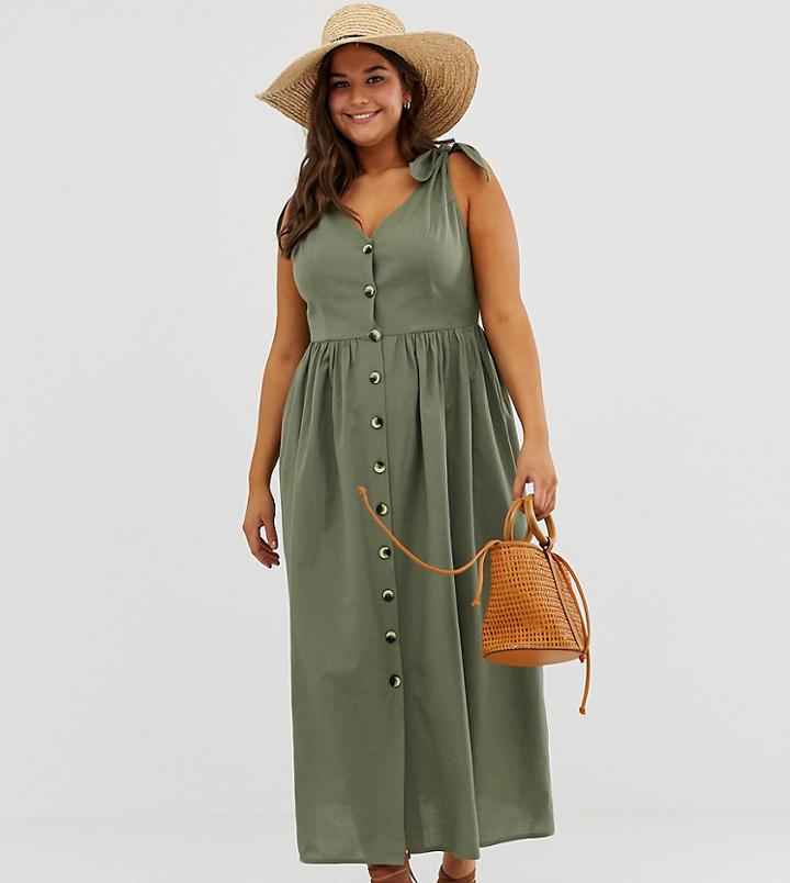 Asos Design Curve Button Through Smock Maxi Dress - Green