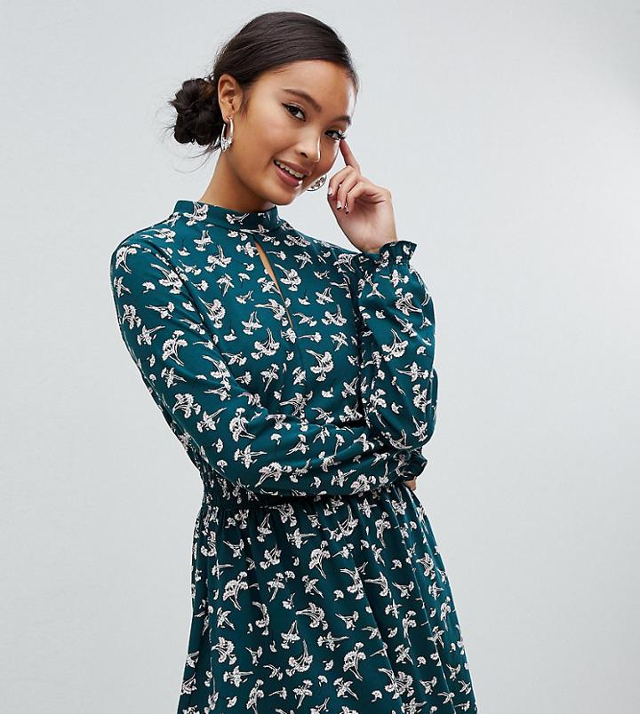 Miss Selfridge Shirred Waist Mini Dress In Green Floral