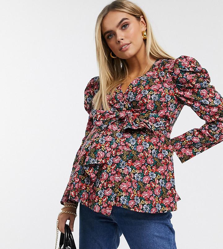 Asos Design Maternity Wrap Top With Volume Sleeve In Floral-multi