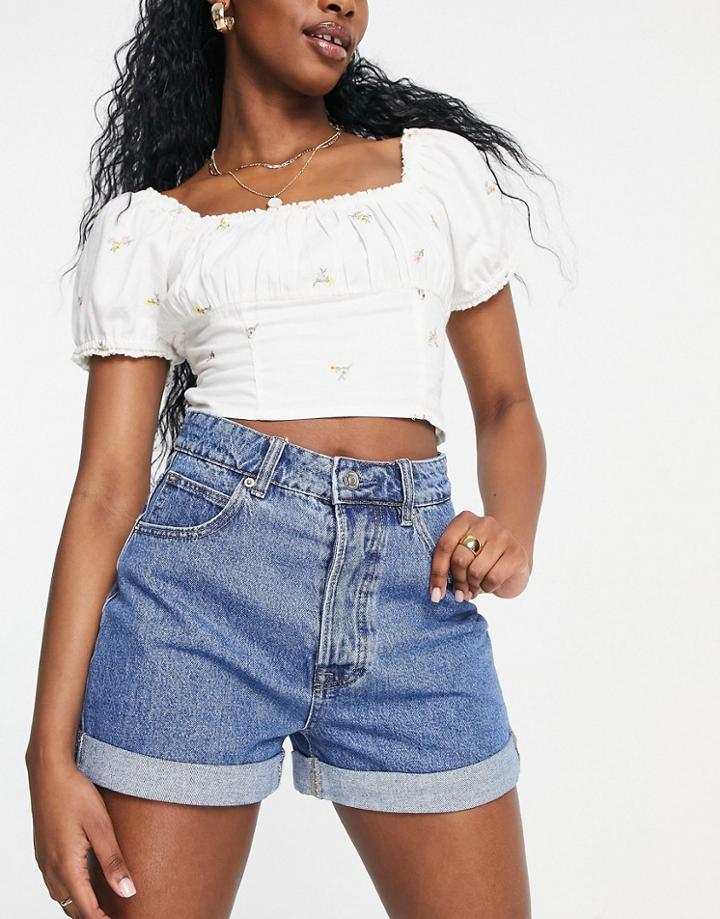 Stradivarius Mom Denim Short In Deep Blue Wash