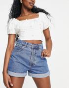 Stradivarius Mom Denim Short In Deep Blue Wash
