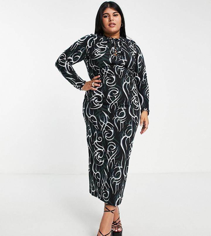 Asos Design Curve Column Midi Dress With Tie Front In Tattoo-multi