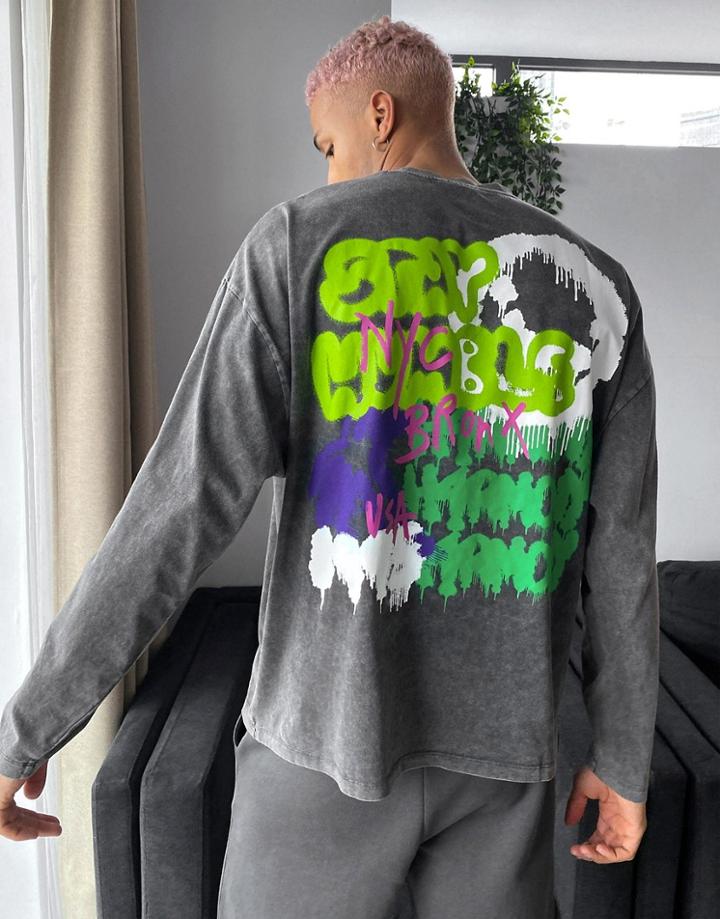 Asos Design Oversized Long Sleeve T-shirt In Gray Wash With Graffiti Back Print-black