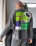 Asos Design Oversized Long Sleeve T-shirt In Gray Wash With Graffiti Back Print-black