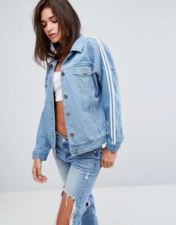 Daisy Street Denim Trucker Jacket With Sports Stripe - Blue
