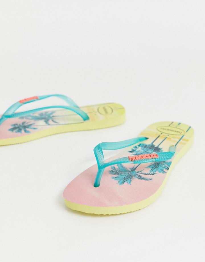 Havaianas Slim Flip Flops In Tropical Palm Print-yellow
