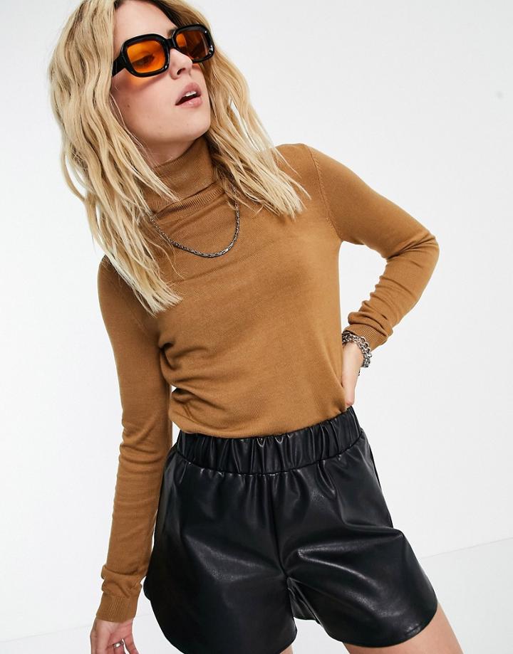 Vila Roll Neck Sweater In Tan-brown