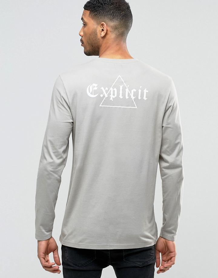Asos Longline Long Sleeve T-shirt With Explicit Back Print - Gray