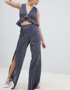 Prettylittlething Striped Side Split Wide Leg Pants - Navy