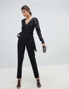 Little Mistress Wrap Front Jumpsuit With Sequin Sleeves And Exposed Back-black