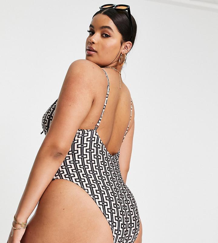 In The Style Plus X Billie Faiers Cut Out Swim Suit In Brown Chain Print-multi
