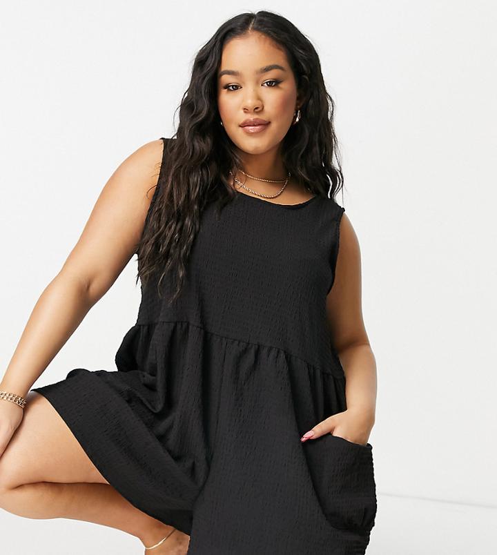 Asos Design Curve Smock Sleeveless Textured Romper With Pockets In Black