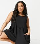 Asos Design Curve Smock Sleeveless Textured Romper With Pockets In Black