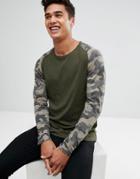 Only & Sons Long Sleeve T-shirt With Camo Sleeves - Green