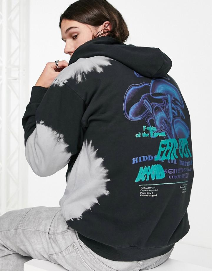Asos Design Oversized Hoodie In Black Bleach Wash With Mushroom Print-multi