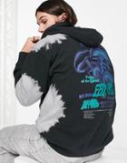Asos Design Oversized Hoodie In Black Bleach Wash With Mushroom Print-multi