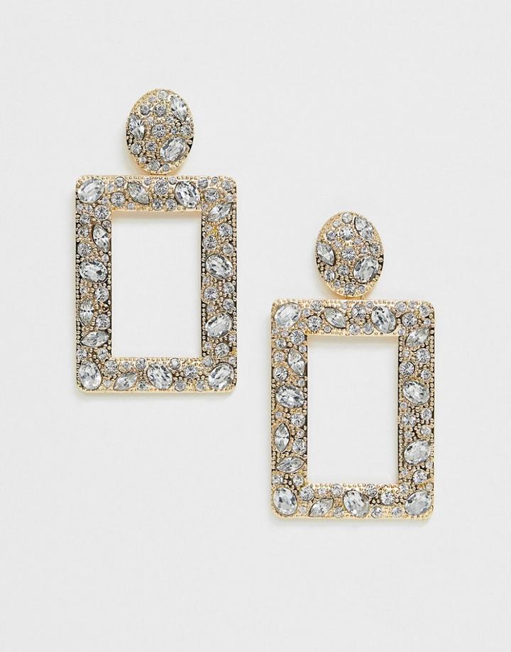 Asos Design Doorknocker Earrings With Crystal Embellishment In Gold Tone