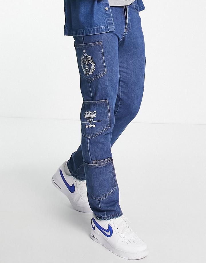 Liquor N Poker Straight Leg Jeans In Midwash Blue Denim With Extra Pockets