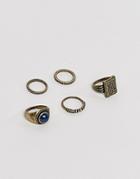 Asos Chunky Ring Pack In Burnished Gold With Embossing And Stone Interest - Gold