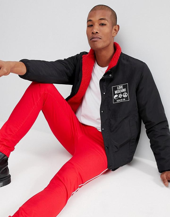 Love Moschino Reversible Bomber In Black And Red Borg - Black