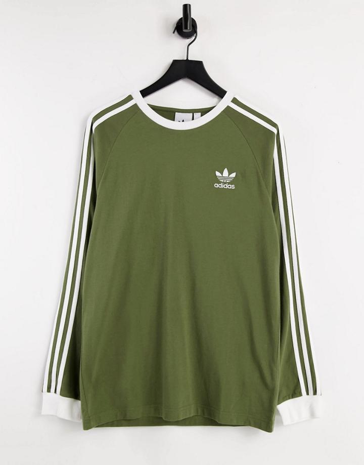 Adidas Originals Adicolor Three Stripe Long Sleeve Top In Khaki-green