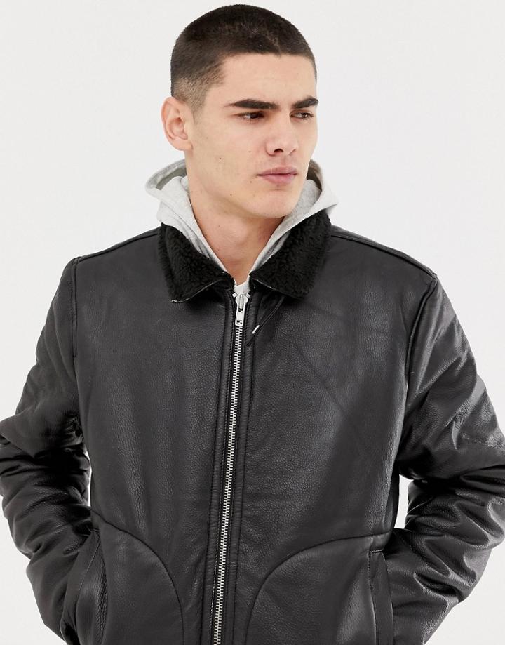 Bellfield Leather Aviator Jacket With Fleece Lining In Black