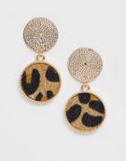 Asos Design Earrings With Rope Stud And Faux Leopard Skin Drop In Gold - Gold
