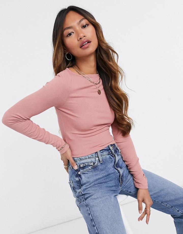 Asos Design Long Sleeve Top With Slash Neck In Tobacco-brown