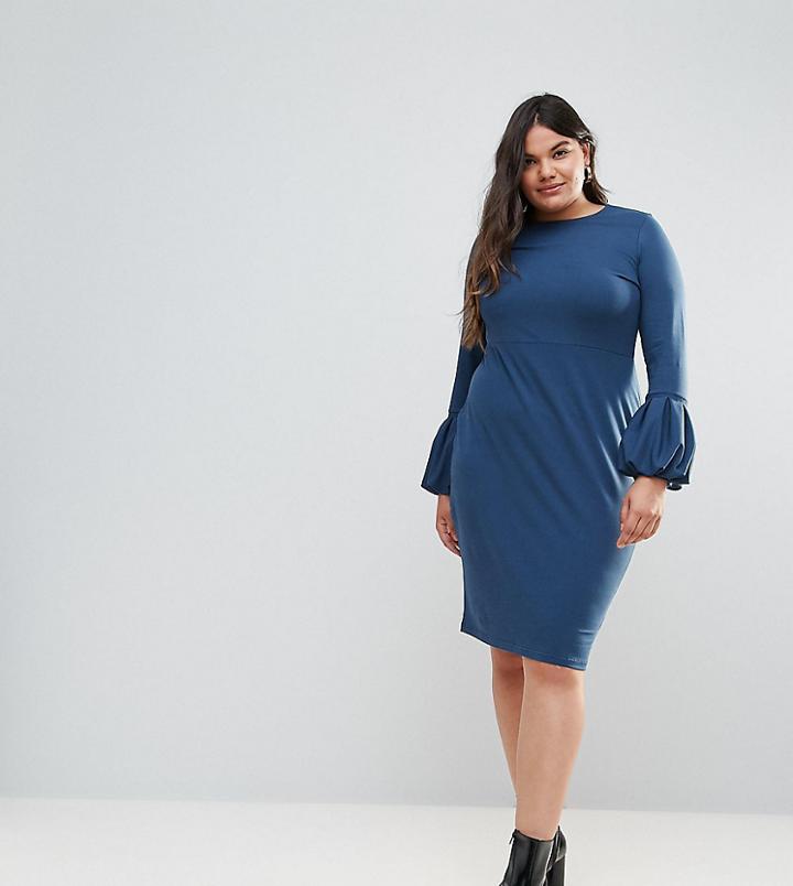 Asos Curve Exclusive Bodycon Midi Dress With Puff Sleeve - Green