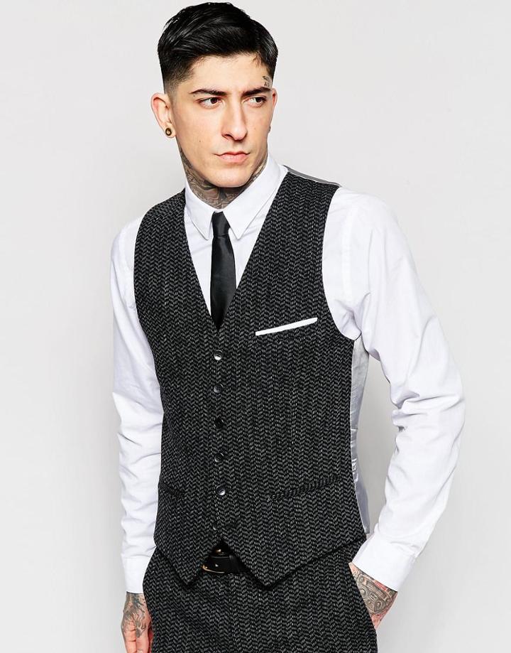 Heart & Dagger Herringbone Waistcoat In Super Skinny Fit - Charcoal