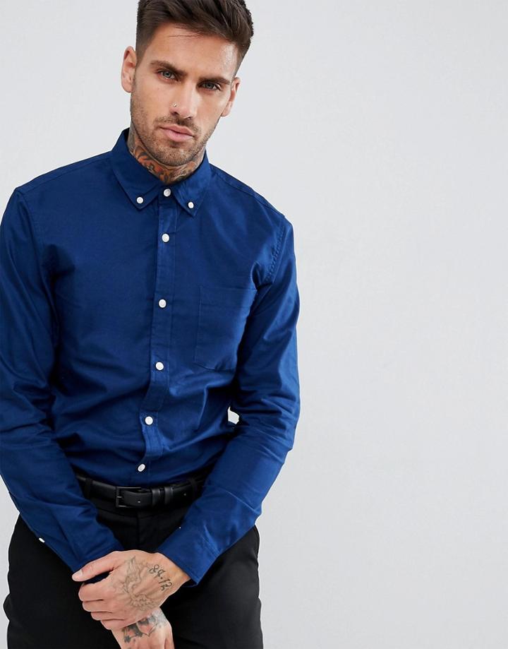 Pull & Bear Regular Fit Oxford Shirt In Navy - Navy