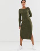 Asos Design Fine Knit Ribbed Midi Dress In Recycled Blend - Green