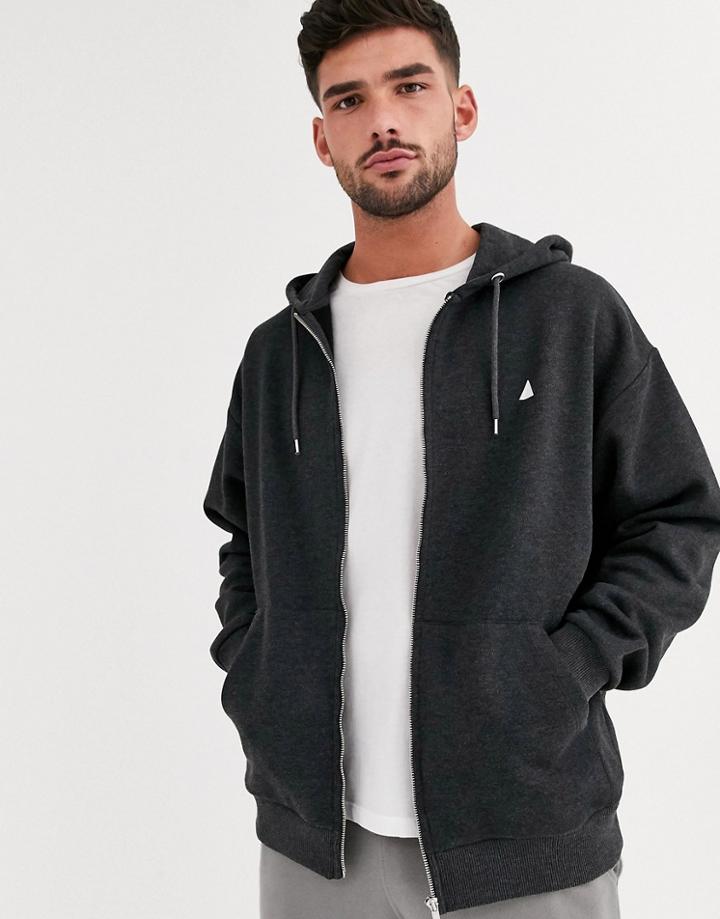 Asos Design Oversized Zip Up Hoodie In Charcoal With Triangle-gray