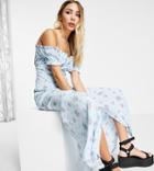 Reclaimed Vintage Inspired Off Shoulder Midi Dress In Blue Floral Print-multi