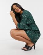 Ax Paris Fluted Sleeve Mini Dress In Green Abstract Spot