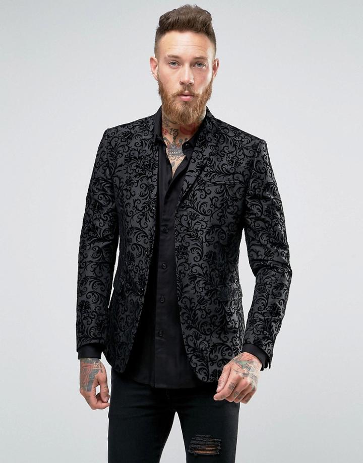 Asos Skinny Blazer In Black With Paisley Flock Detail - Black